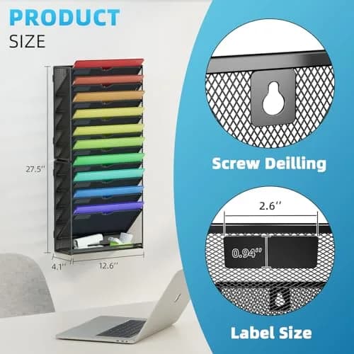 Marbrasse 11-Tier Hanging Wall File Organizer Black | Mesh Wall Mount Paper Sorter for Office Home Documents thumbnail 2