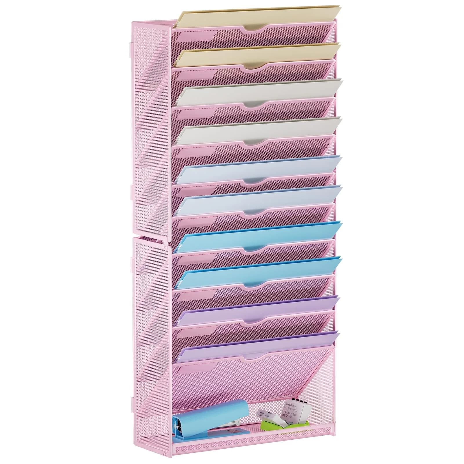Marbrasse 11-Tier Hanging Wall File Organizer Pink | Metal Mesh Document Holder for Office & Home — Dark Pink
