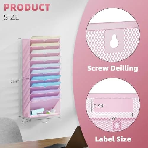 Marbrasse 11-Tier Hanging Wall File Organizer Pink | Metal Mesh Document Holder for Office & Home thumbnail 2