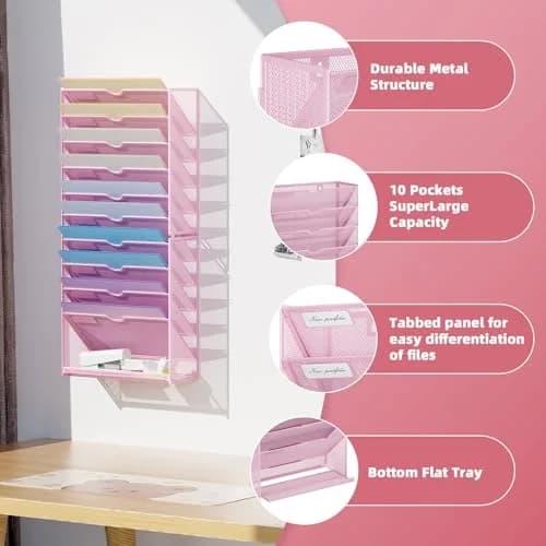 Marbrasse 11-Tier Hanging Wall File Organizer Pink | Metal Mesh Document Holder for Office & Home thumbnail 3