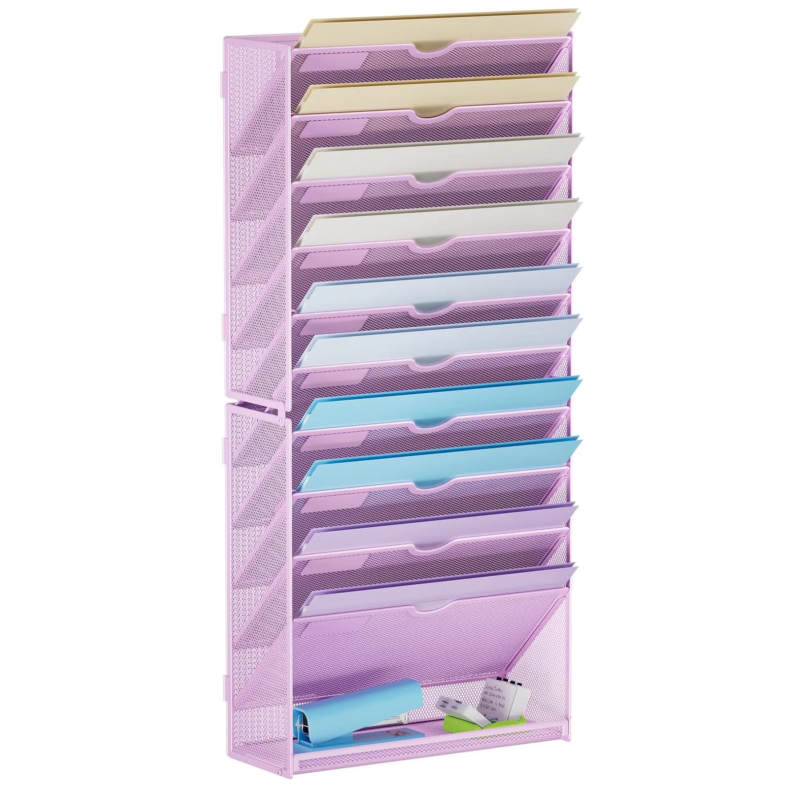 Marbrasse 11-Tier Hanging Wall File Organizer Pink | Metal Mesh Document Holder for Office & Home — Dark Purple