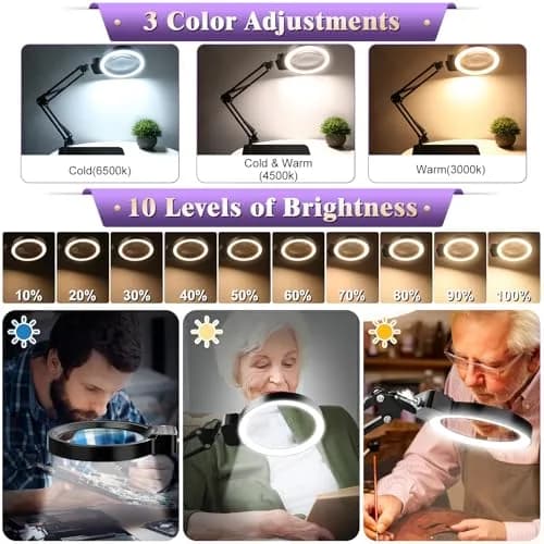 HQGZQL 10X 30X Large Magnifying Glass with Light and Stand | 5-inch Lighted Magnifier, 72 LED, Dimmable, Hands-Free Desk Lamp thumbnail 5
