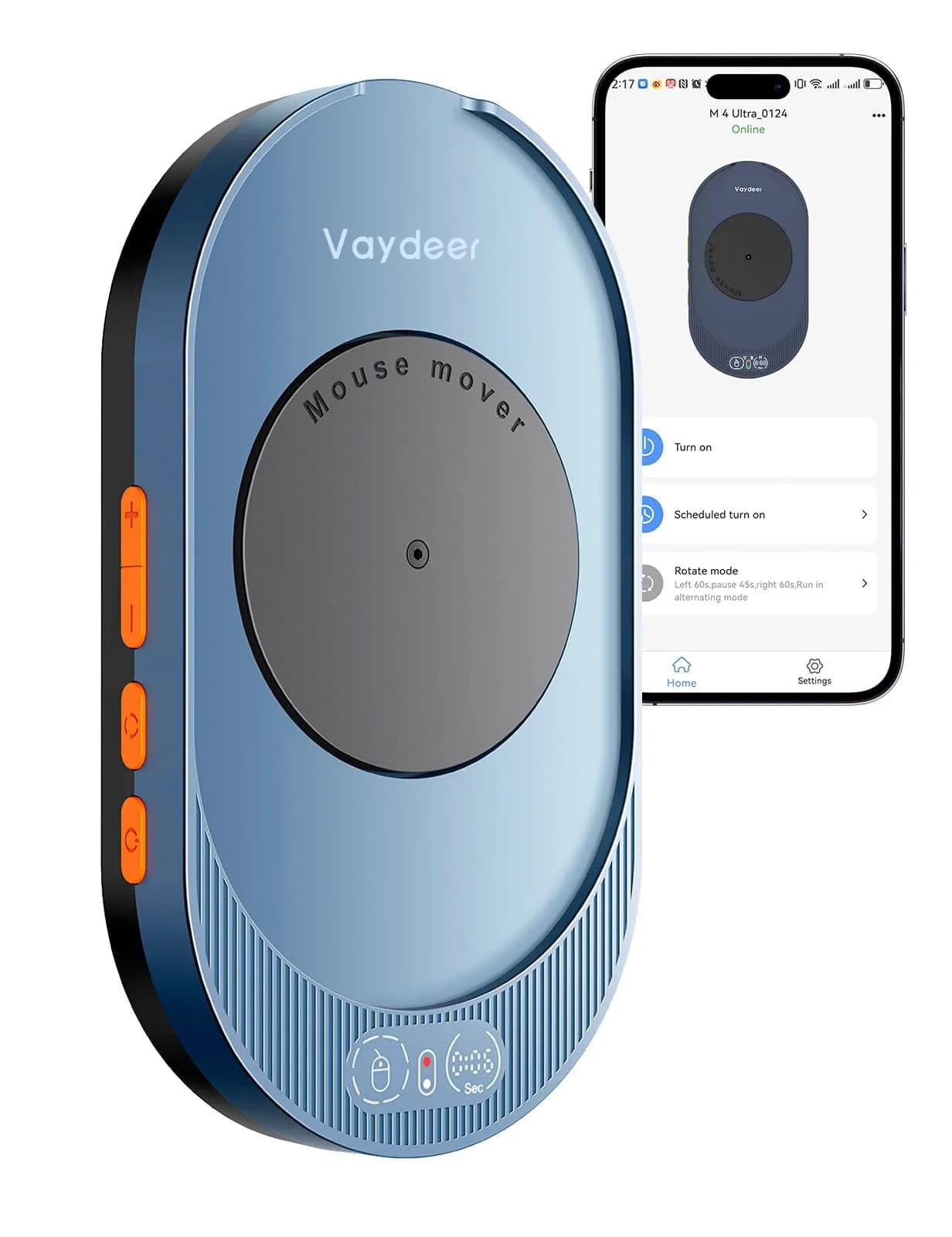 Vaydeer Mouse Jiggler Mover with Switch & USB Port 130mm (5.12 inches) | Keeps Computer Awake — Navy Blue / App + Button Control