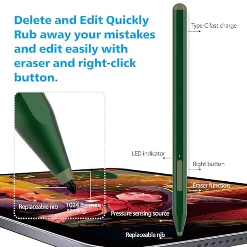 Milikilo Stylus Pen for Microsoft Surface Pro 12/11/10/9/8/X/7+/7/6/5/4/3, Surface Go 4/3/2/1, Surface Laptop 1-5, Studio, Book 3/2/1 with Eraser & Palm Rejection, 1024 Pressure, Green thumbnail 5