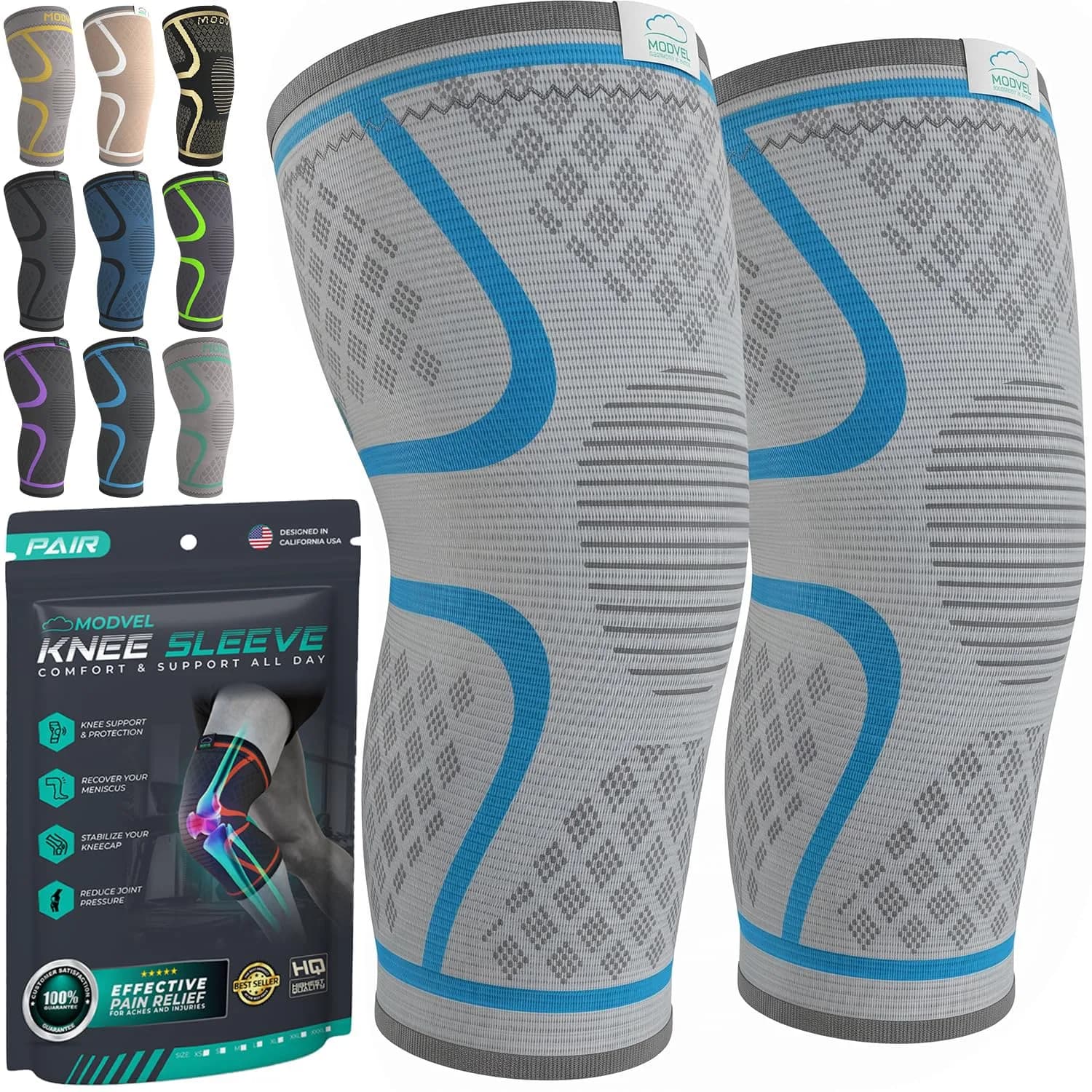 Modvel Compression Knee Brace 2-Pack XXX-Large (698.5 g / 1.54 lb) | Orthopedic Brace for Arthritis & Injury Support — GREY BLUE