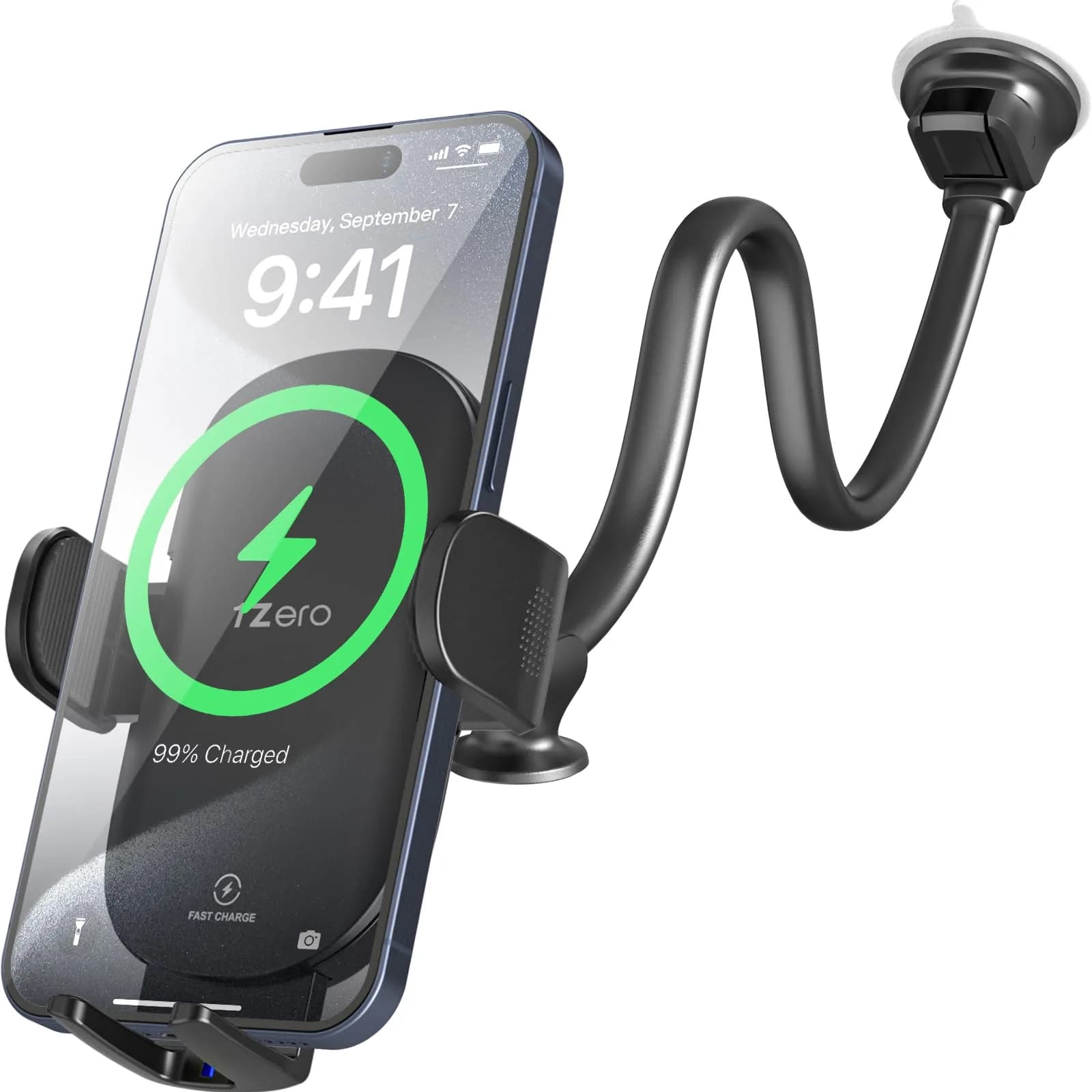 1Zero Car/Truck Phone Mount with 14-Inch Aluminum Gooseneck Long Arm | 360° Rotation & Strong Suction — Upgraded Wireless Charger Holder