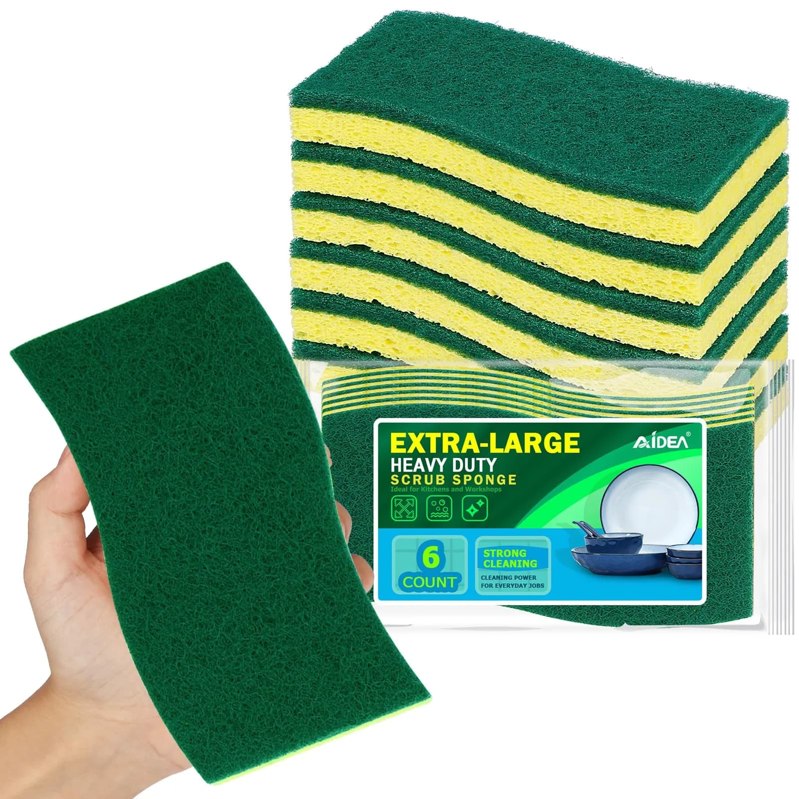 AIDEA XL Scrub Sponges Kitchen 6-Count, Heavy Duty Sponges for Dishes, Green-Extra Large | Dual-Sided Cleaning Power