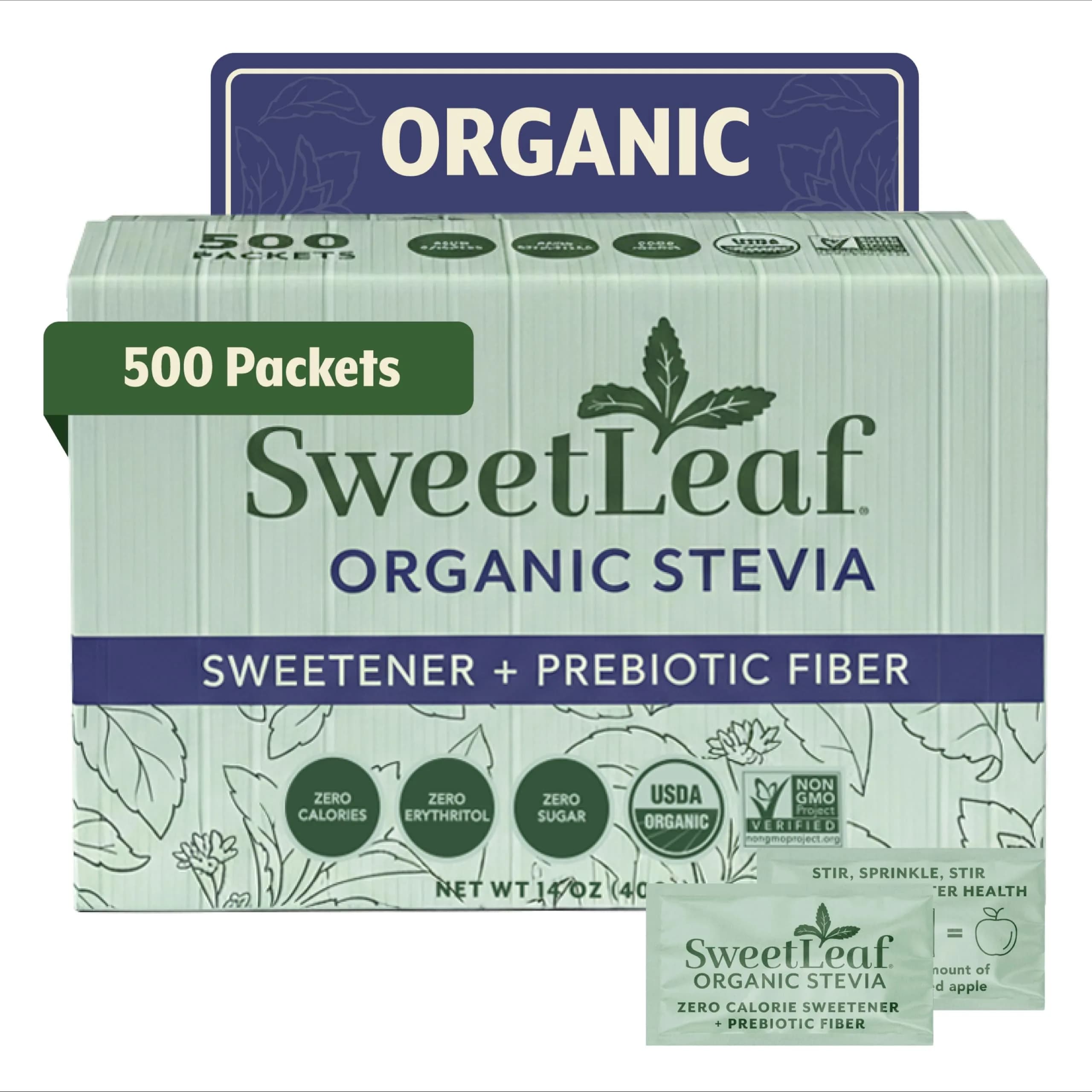 SweetLeaf Organic Stevia Powder Sweetener, Sugar Free | Bulk Pack, 500 Packets, Zero Calories - main product image