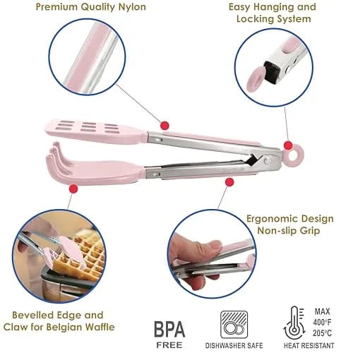 StarBlue Mini Waffle Tongs Pink – 8 Inch Silicone & Nylon Serving Tongs | Heat-Resistant Up to 400°F thumbnail 2