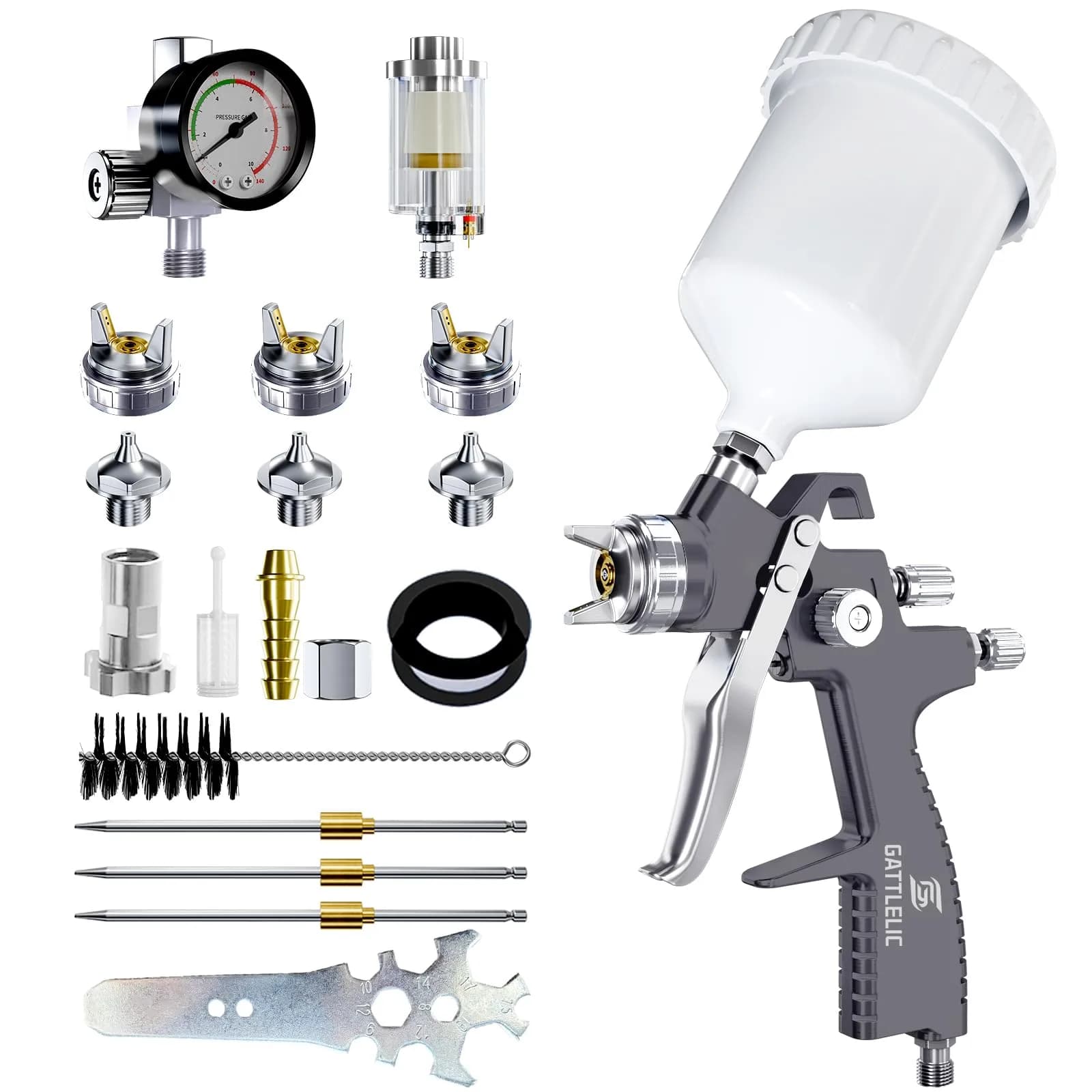 GATTLELIC LVLP Air Spray Gun Premium Kit with 1.3/1.5/1.7mm Nozzles & Air Regulator, Automotive Paint Sprayer for Cars & Houses (Grey)