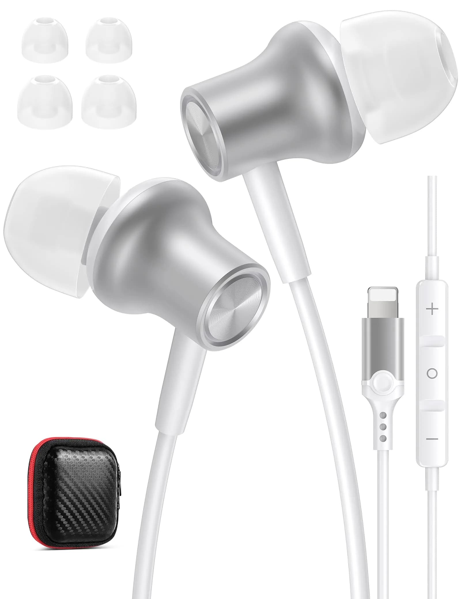 iMangoo MFi-Certified Wired Earbuds for Lightning Connector | Purple, 114dB Sensitivity — Silver