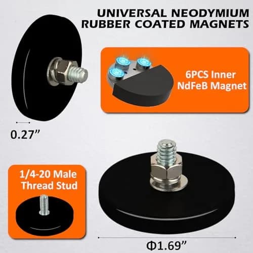 MUTUACTOR Rubber Coated Neodymium Magnets 43mm (1.69") Diameter, 35lbs Pull Force, 1/4-20 Male Thread, 4-Pack | Heavy Duty Mounting Magnets for Cameras & Lights thumbnail 5