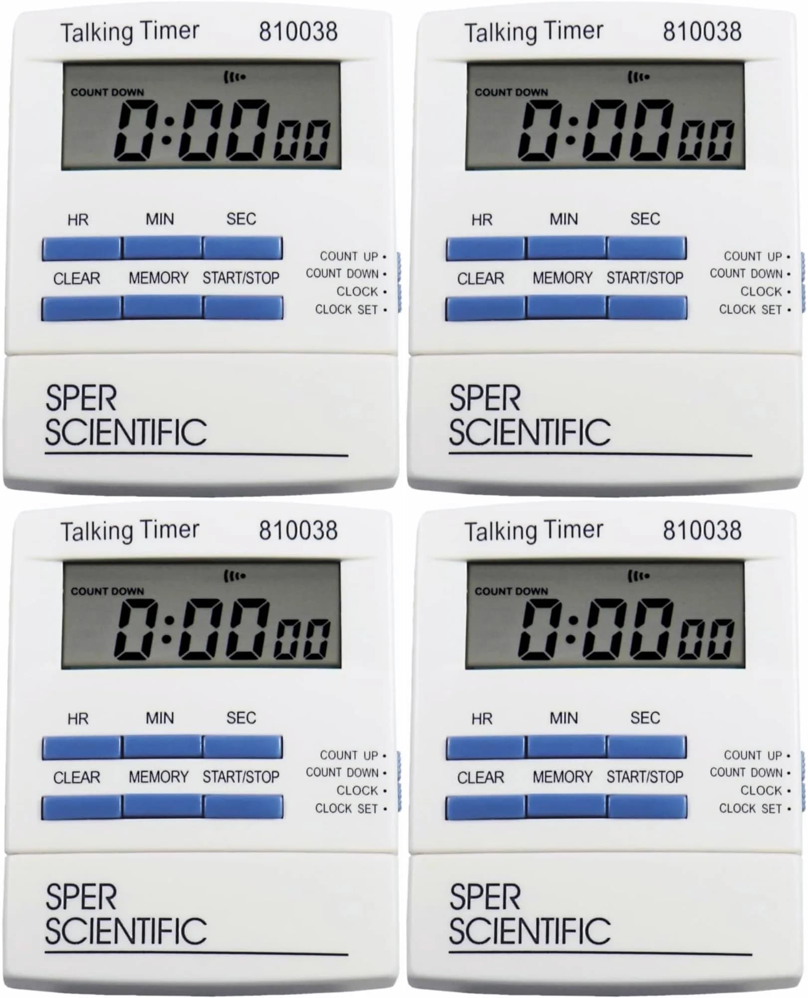 Sper Scientific Talking Timer with Audible Countdown Voice Announcements 810038 | Large LCD, Loud Alarm, 4 Pack - main product image