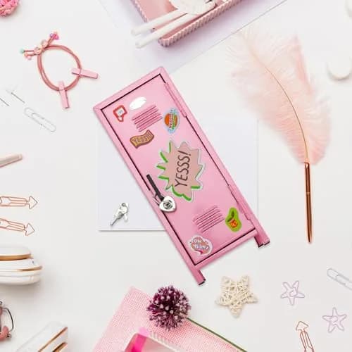 Vercraft Pink Mini Locker with Lock & Keys | 27.5cm (10.8 inch) Metal Desktop Storage Cabinet | DIY Stickers Included thumbnail 7