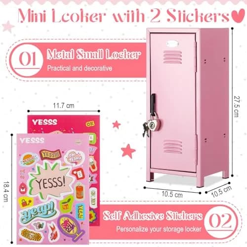 Vercraft Pink Mini Locker with Lock & Keys | 27.5cm (10.8 inch) Metal Desktop Storage Cabinet | DIY Stickers Included thumbnail 2