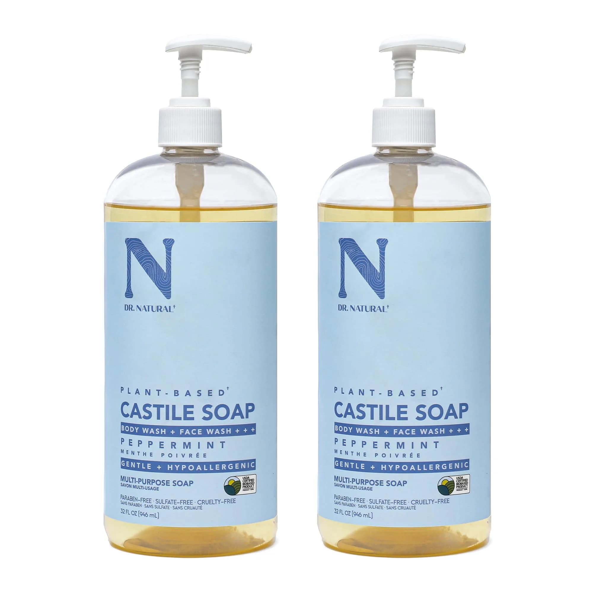 Dr. Natural Castile Liquid Soap - Multi-Use Body Wash, Shampoo & Face Wash | Hydrating & Gentle (120c) — Peppermint 32 oz