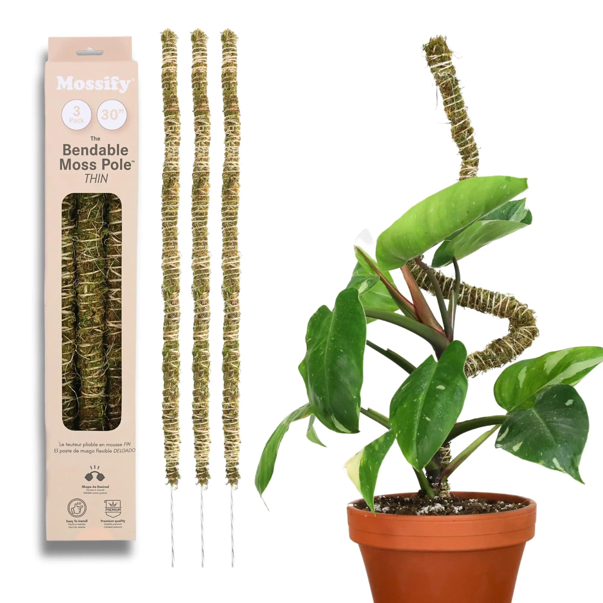 Mossify Bendable Moss Pole 30'' (76.2 cm) - 3 Pack, Natural Forest Moss | Flexible Climbing Plant Support for Monstera, Pothos, Philodendron — 30 Inches