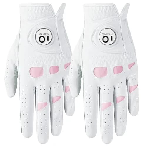 FINGER TEN Women's Leather Golf Gloves with Ball Marker - Enhanced Grip & Comfort for Female Golfers (White-2 Pack Left Hand, X-Large) thumbnail 1