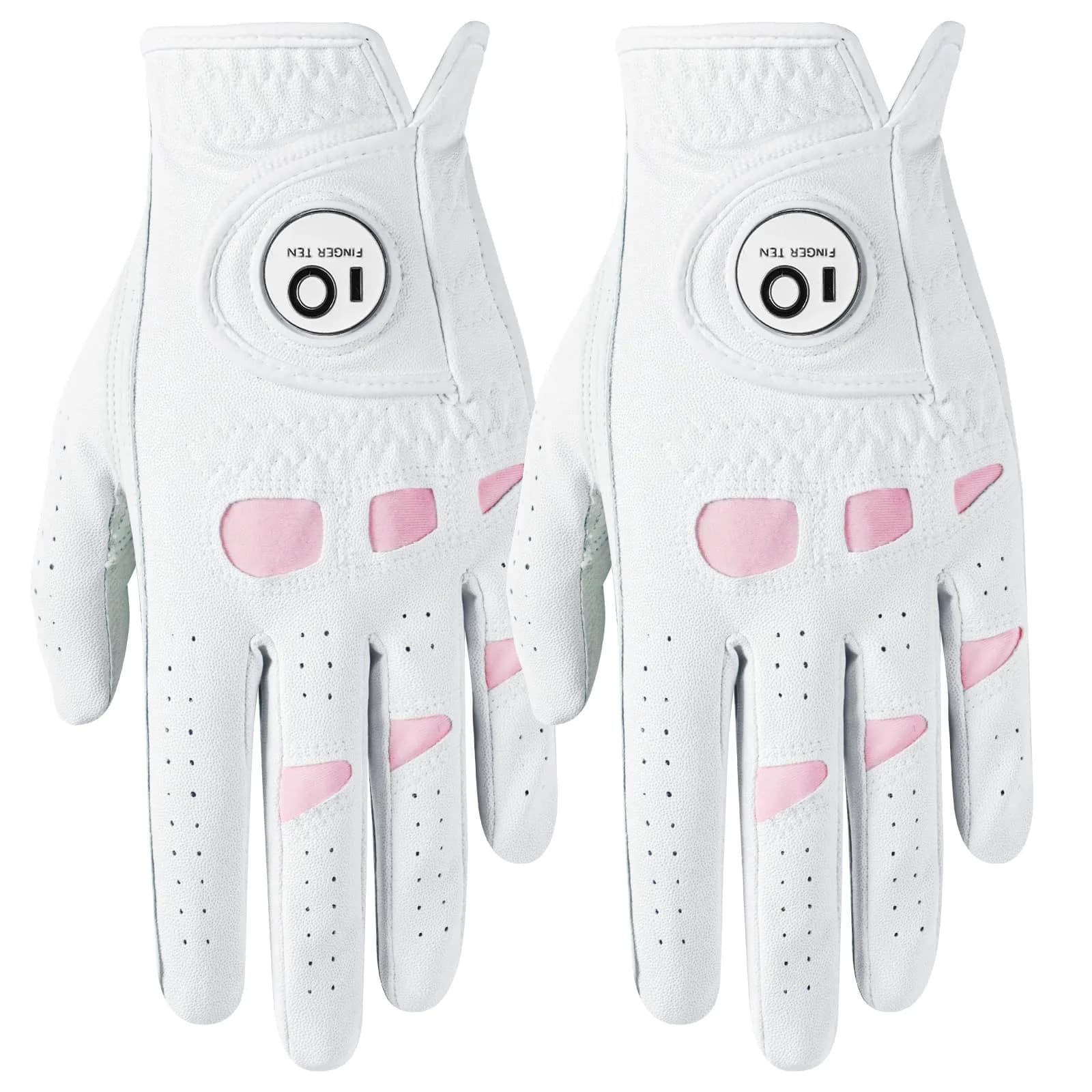 FINGER TEN Women's Leather Golf Gloves with Ball Marker - Enhanced Grip & Comfort for Ladies (White-2 Pack, Left Hand, Medium) — White- Worn On Left Hand / X-Large