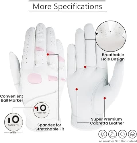 FINGER TEN Women's Leather Golf Gloves with Ball Marker - Enhanced Grip & Comfort for Female Golfers (White-2 Pack Left Hand, X-Large) thumbnail 2