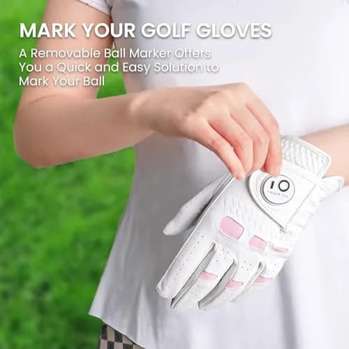 FINGER TEN Women's Leather Golf Gloves with Ball Marker - Enhanced Grip & Comfort for Female Golfers (White-2 Pack Left Hand, X-Large) thumbnail 4