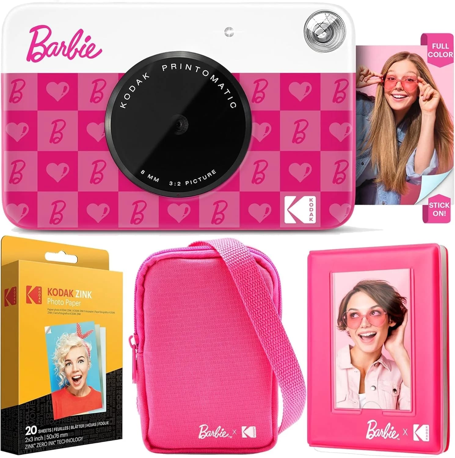 Kodak Barbie Printomatic Instant Camera Deluxe Bundle with Case, Album & Zink Paper | 5MP, Auto-Focus, Built-in Flash, 2x3" Sticky Prints
