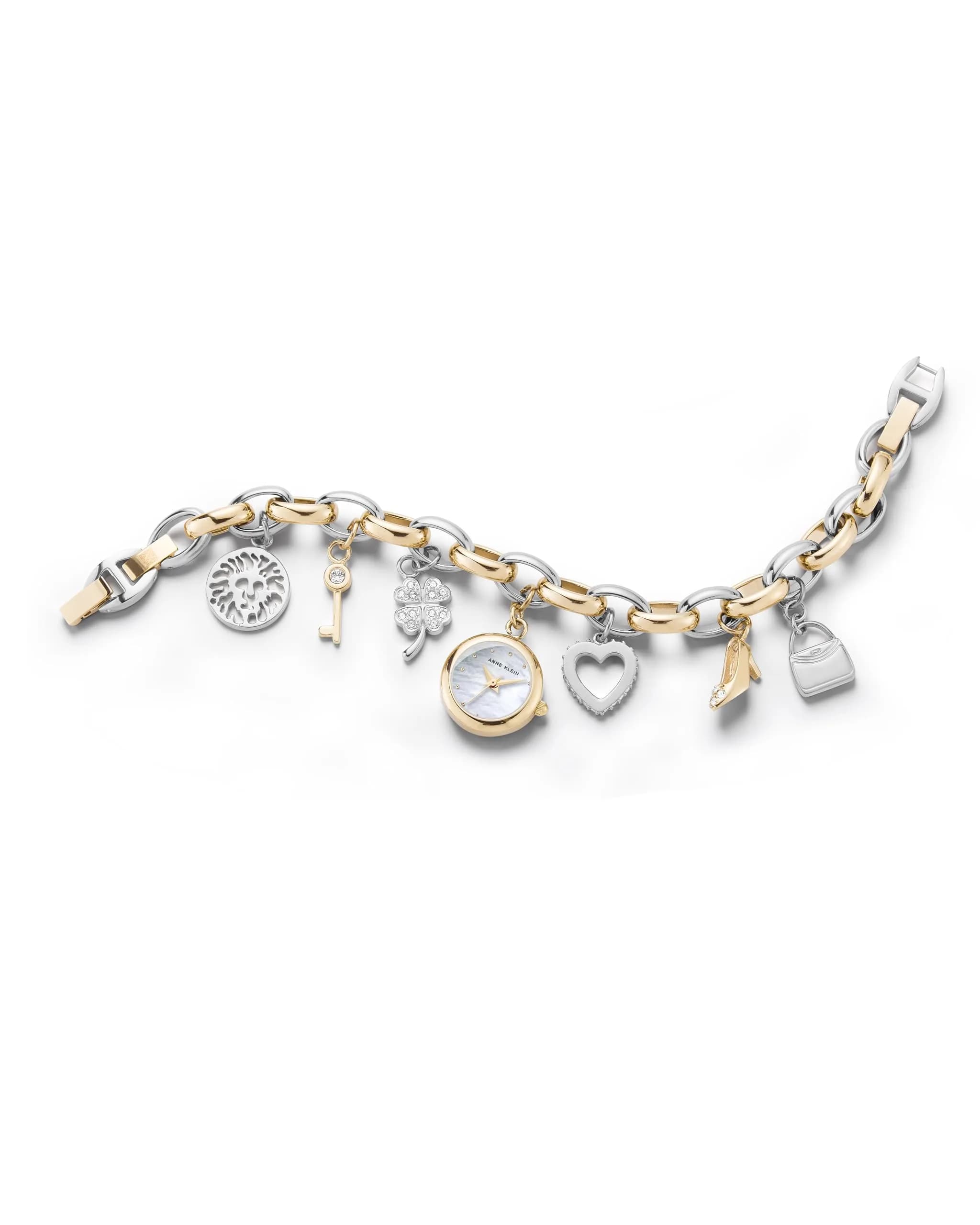 Anne Klein Women's Gold Charm Bracelet Watch with Gold Dial & Crystal Accents | 20mm Case — Gold Tone