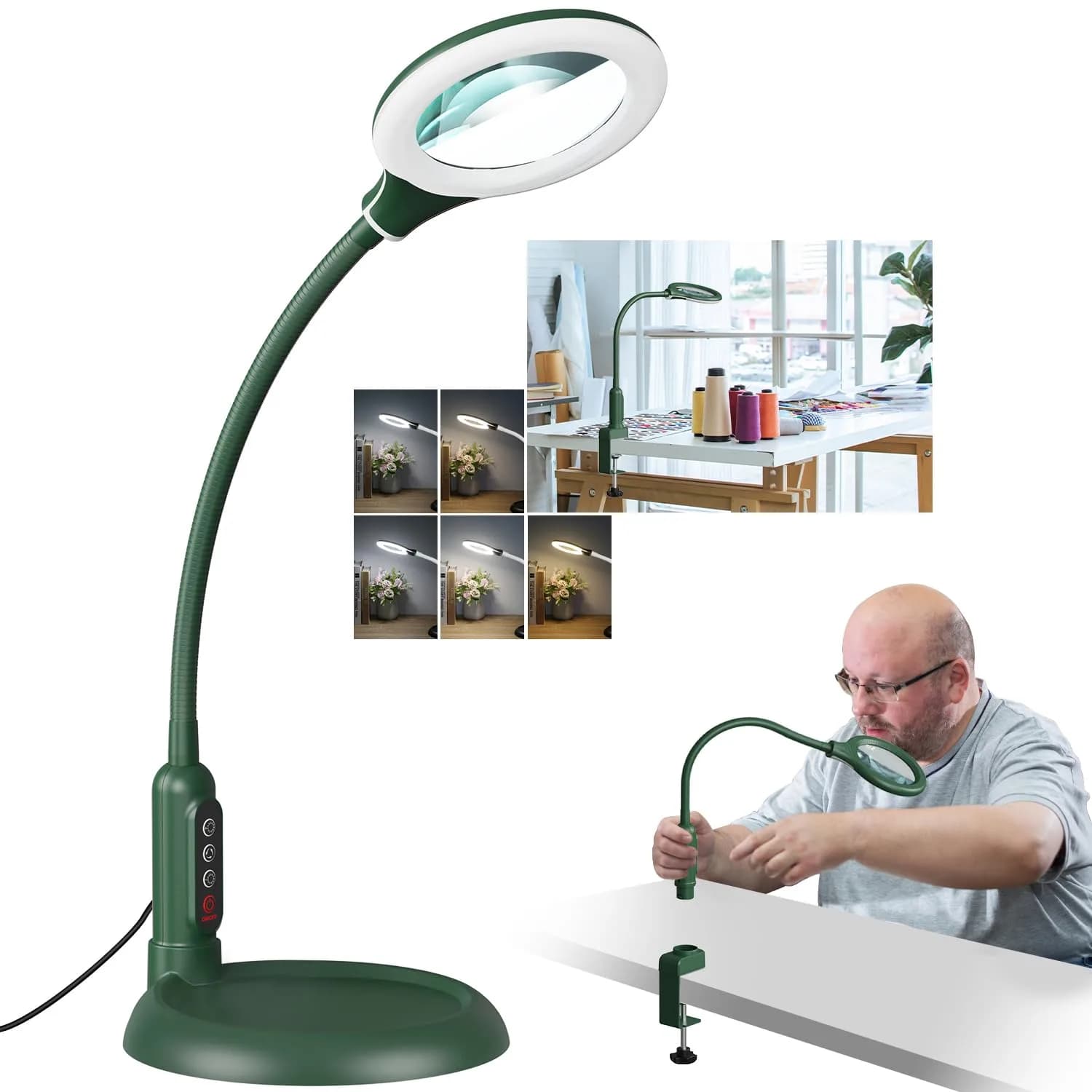 RackydigPro 12X Magnifying Glass with Light and Stand | 3.75-inch Real Glass Lens, 5 Color Modes, Brightness Stepless Dimming, Blue — Green / 12X