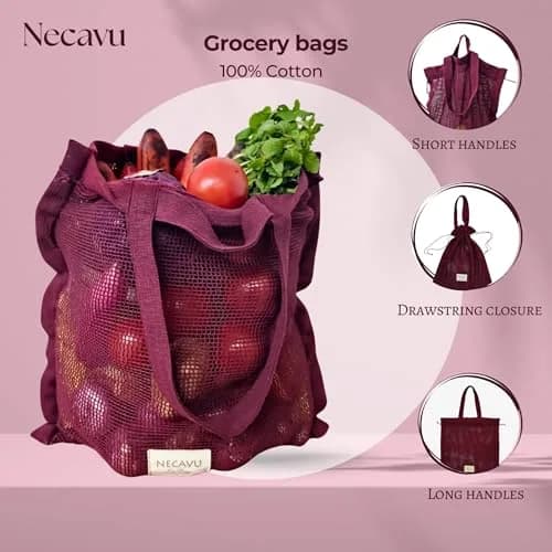NECAVU 100% Cotton Mesh Shopping Bag 2 Pack 42cm (16.5in) | Eco-Friendly Reusable Market Tote for Vegetables & Groceries thumbnail 3