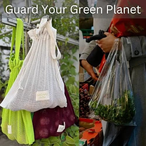 NECAVU 100% Cotton Mesh Grocery Bags Set of 2 (40x42cm) | Eco-Friendly Reusable Shopping Totes thumbnail 2