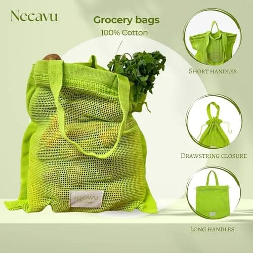 NECAVU 100% Cotton Mesh Grocery Bags Set of 2 (40x42cm) | Eco-Friendly Reusable Shopping Totes thumbnail 3