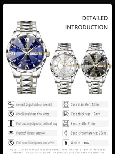 Gosasa Men's and Women's Business Diamond Watch 43mm | Waterproof Quartz with Day-Date thumbnail 8