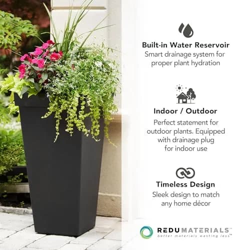 Tierra Verde Self-Watering Square Planter 15" x 28" Black | Modern, Eco-Friendly Indoor & Outdoor Garden Container thumbnail 6
