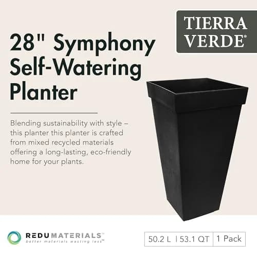 Tierra Verde Self-Watering Square Planter 15" x 28" Black | Modern, Eco-Friendly Indoor & Outdoor Garden Container thumbnail 2