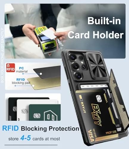 BXYJY Samsung Galaxy S25 Ultra Case with Strap & Card Holder, Black | Military Drop Protection thumbnail 6