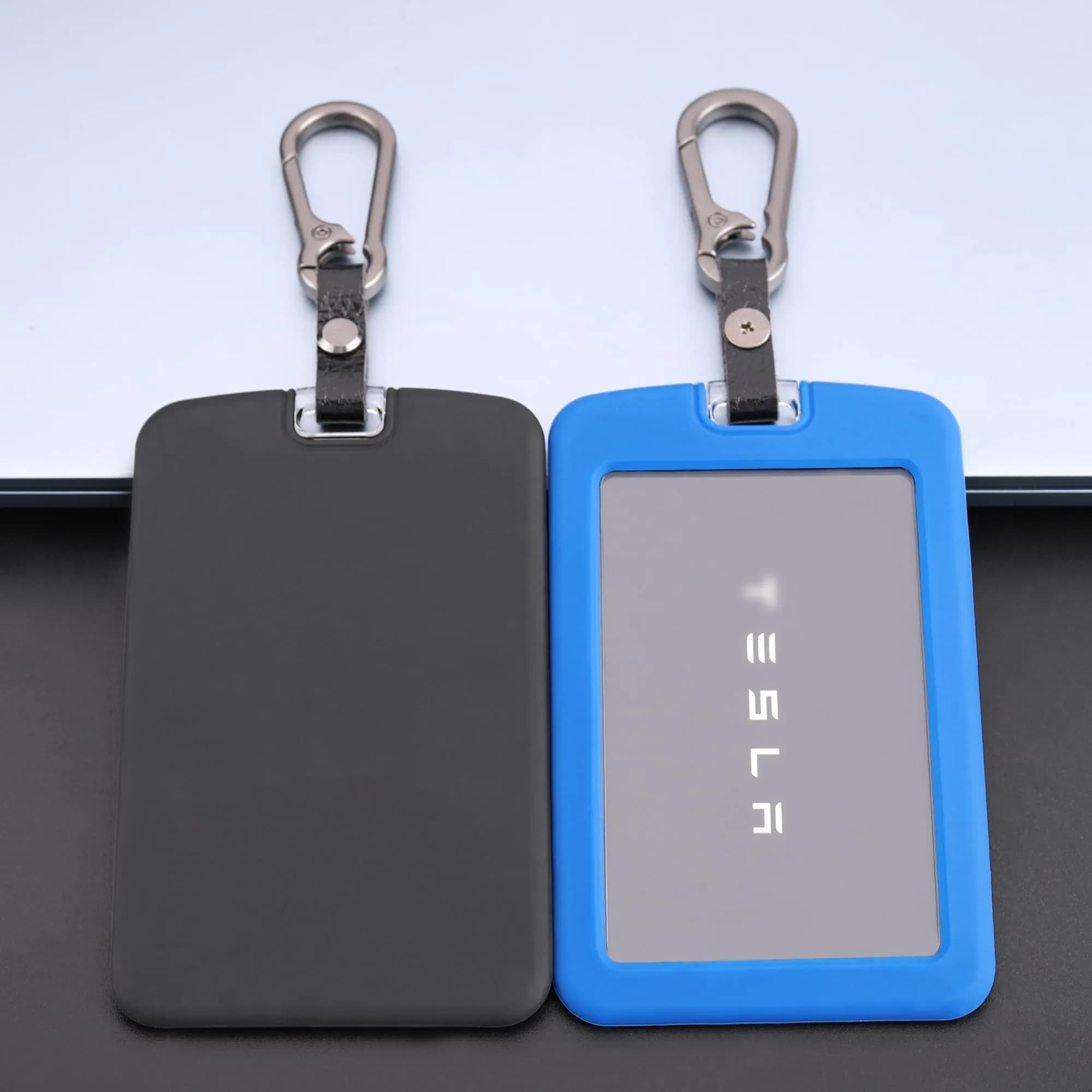 TANDRIVE Key Card Holder Case for Tesla Model 3/Y, Cybertruck, Rivian | 2-Pack Black & Blue Silicone with Keychains