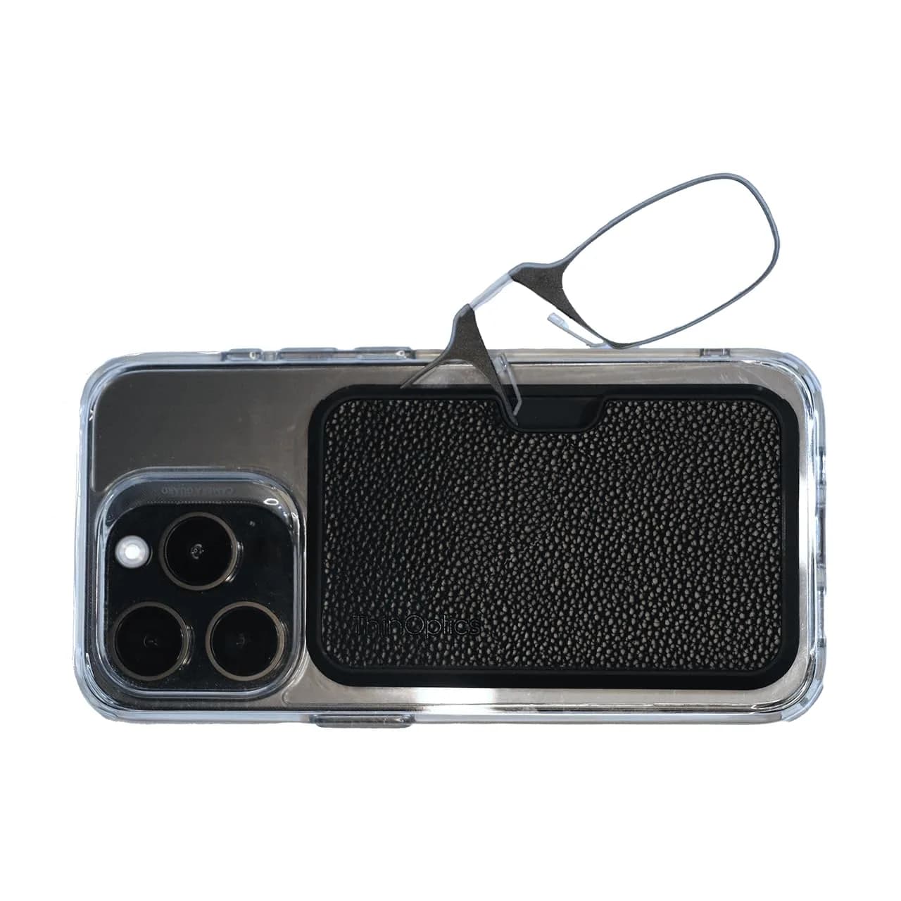 ThinOptics Readers with MagSafe Compatible Case - Armless On-Nose Reading Glasses 2.0x | Lightweight & Portable — Black Pu Leather Case / Black Glasses