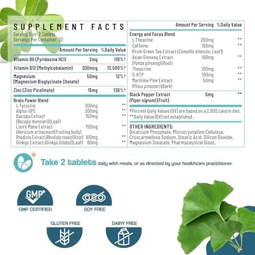 Sapotax 17-in-1 Brain Supplement for Memory & Focus | Nootropic with Herbal Extracts, Vitamins & Amino Acids (120 Tablets) thumbnail 2