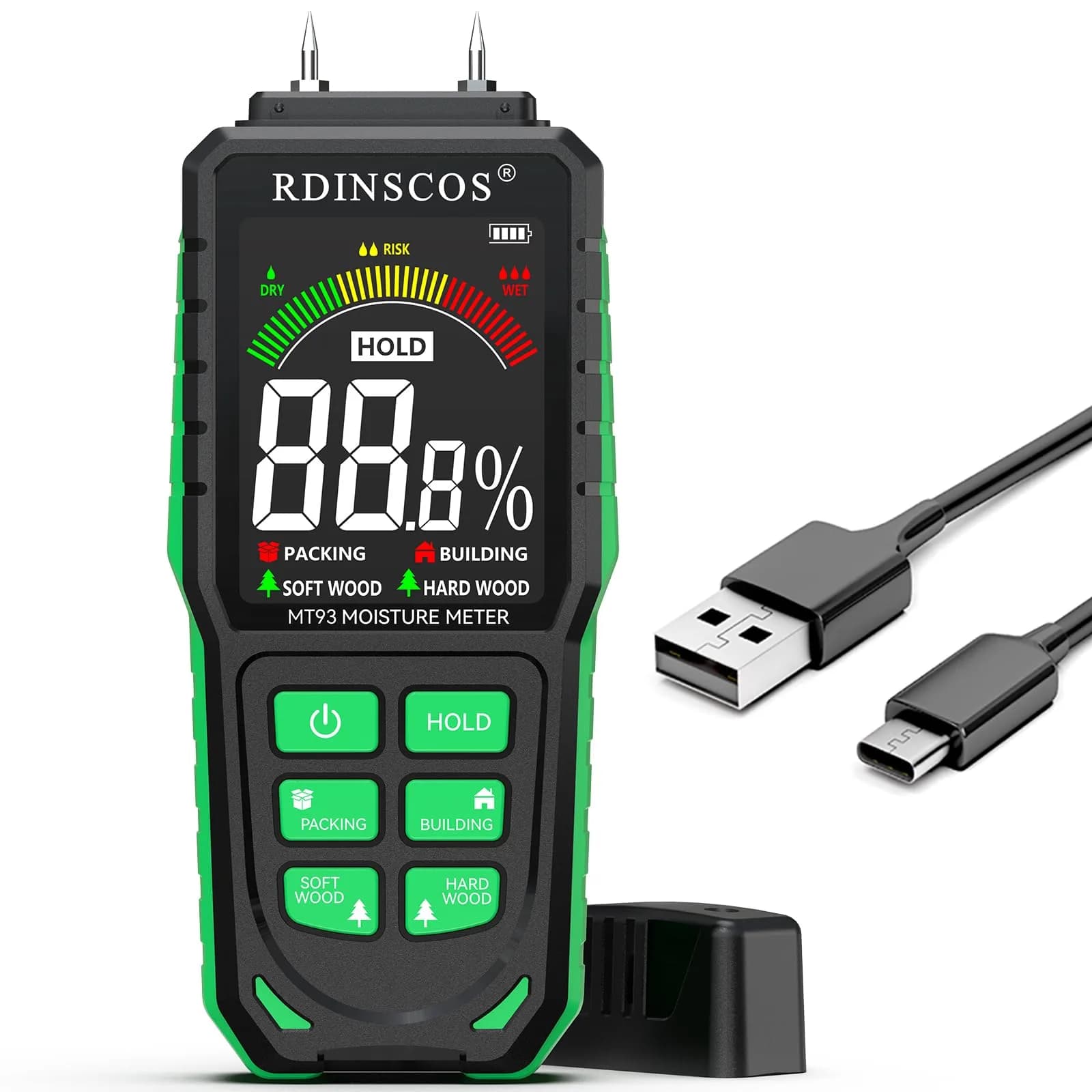 RDINSCOS Digital Moisture Meter Pin-Type Wood Moisture Detector 12mm Deep | 4 Modes for Wood, Drywall, Concrete — Black-green