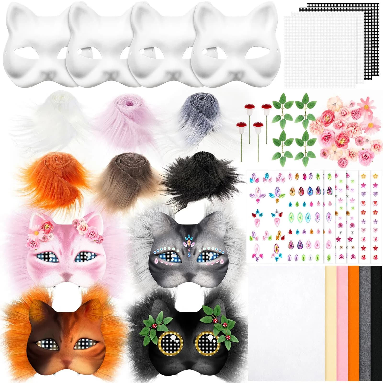 Seenelling 31 Pcs DIY Therian Mask Kit, Blank Cat Mask, Cream | Unisex Adult Costume Mask — Pink