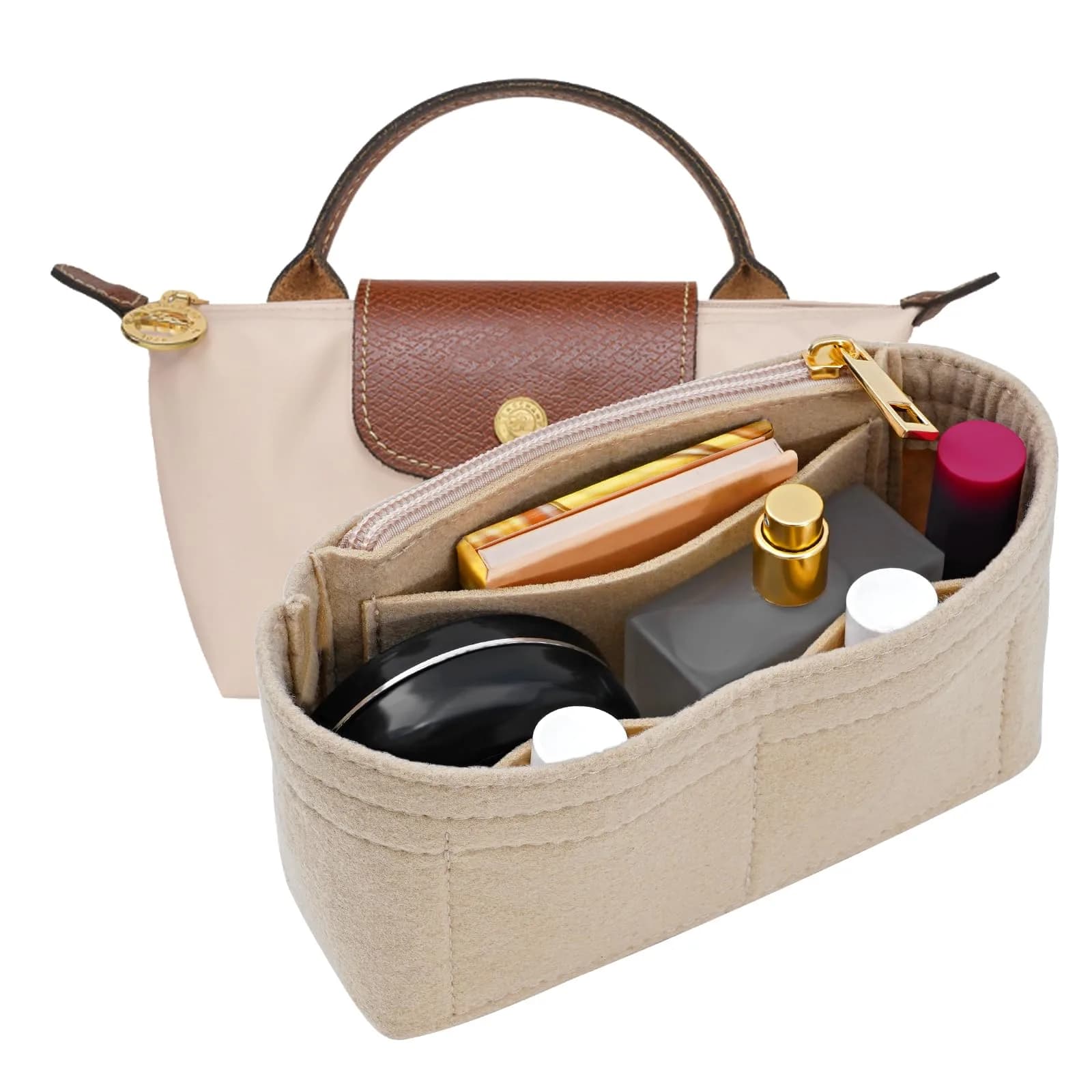 LOUKAYCCI Felt Purse Organizer Insert for Longchamp Le Pliage Mini | Lightweight Felt, 3 Compartments, Fits XS Bags — Beige Felt with Zipper