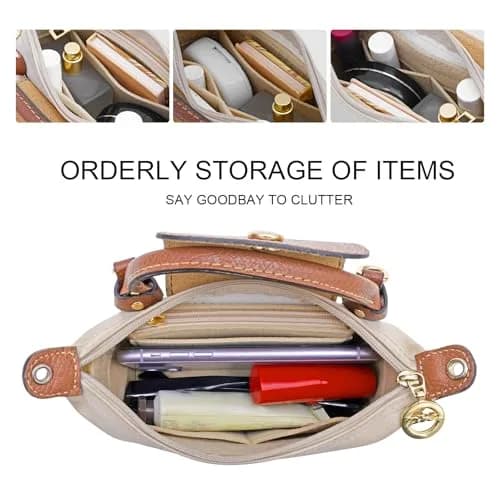 LOUKAYCCI Purse Organizer Insert for Longchamp Le Pliage Mini Bag | Felt Organizer with Zipper, Beige (15.2 cm x 5.1 cm x 8.1 cm) thumbnail 5