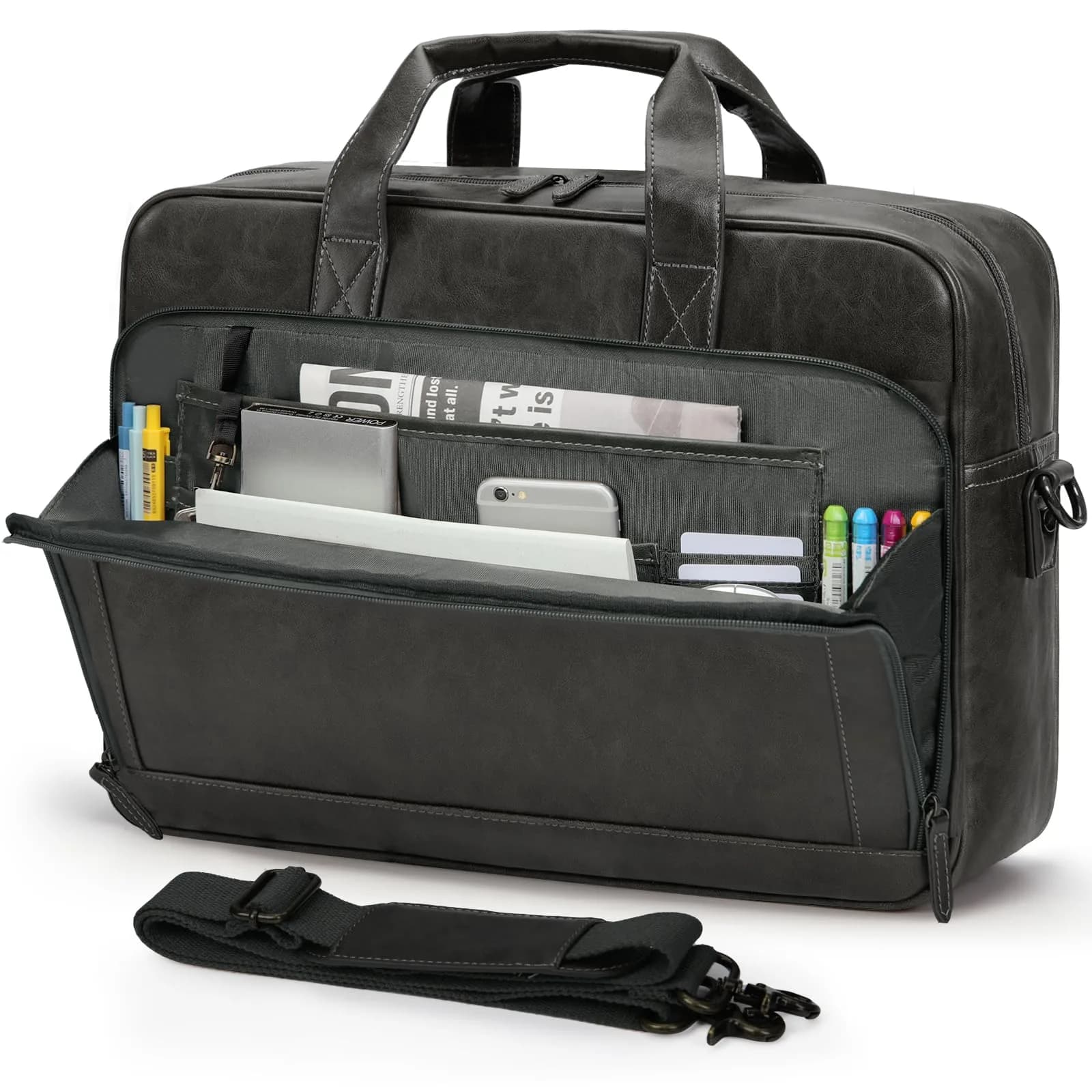 RAINSMORE Men's Leather Laptop Briefcase 43.4cm (17.1 inch) | Vintage Messenger Bag for Business & Travel — Grey