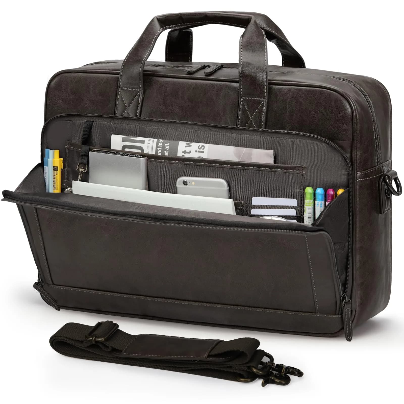 RAINSMORE Men's Leather Laptop Briefcase 16 Inch Vintage Messenger Bag | Water Resistant, Detachable Strap, 40.4 cm (15.9 in) - main product image