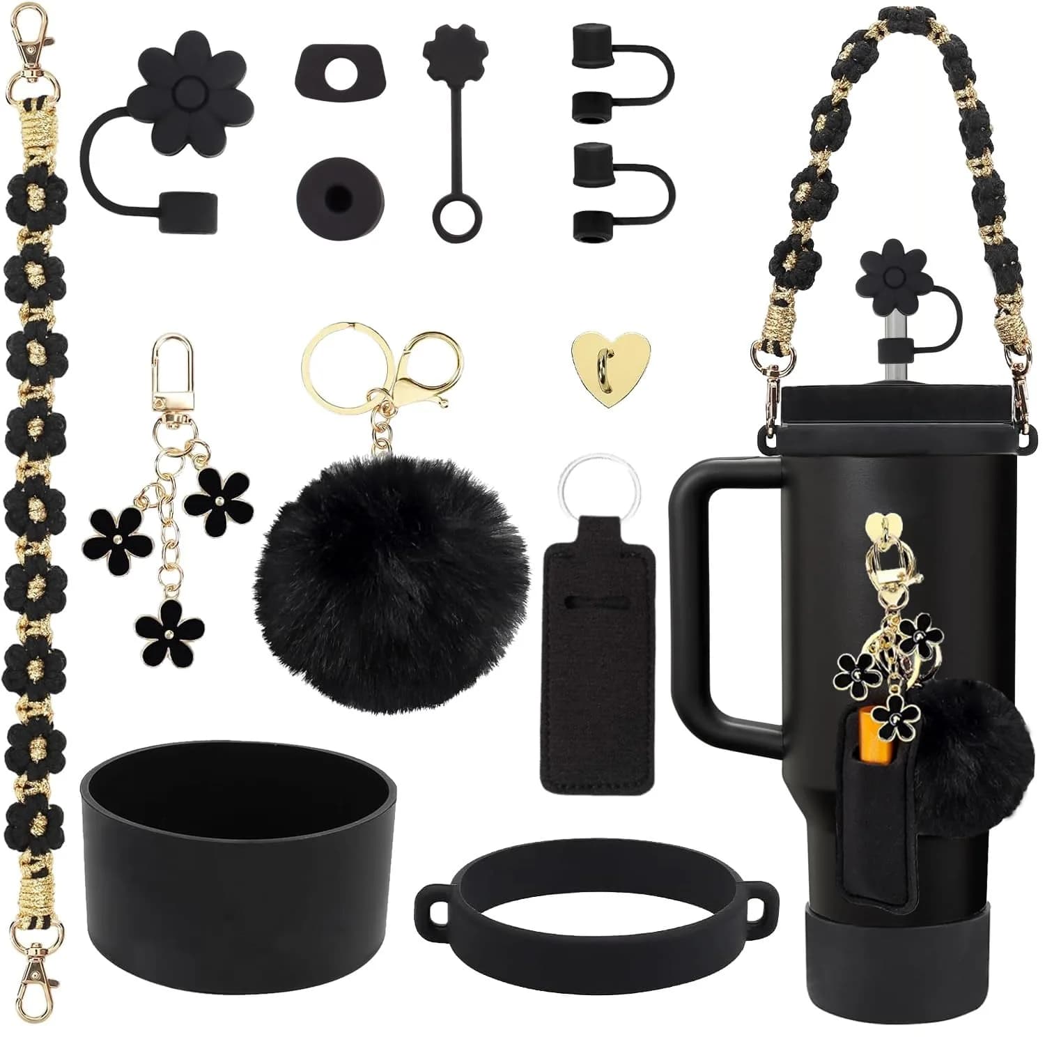 3tyto Black Gold 13 Pcs Stanley Cup Accessories Set - Bohemian Handle Strap & Silicone Boot