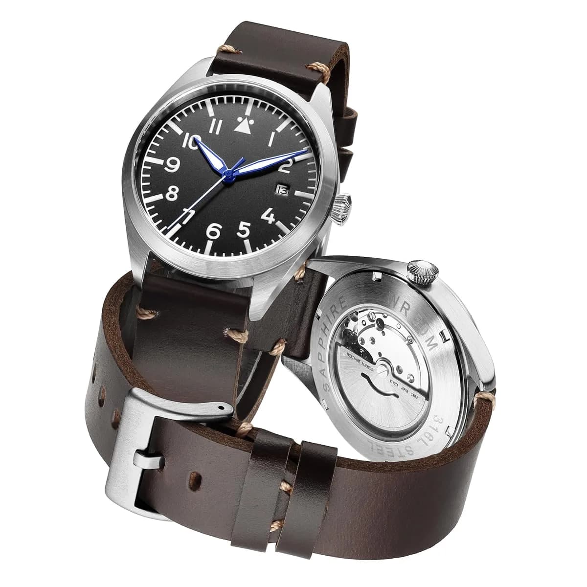 Boyarca Pilot Watch Men's Aviator Automatic Mechanical Watch 40mm (Black B) | Japan MIYOTA 8215 Movement — Brown A
