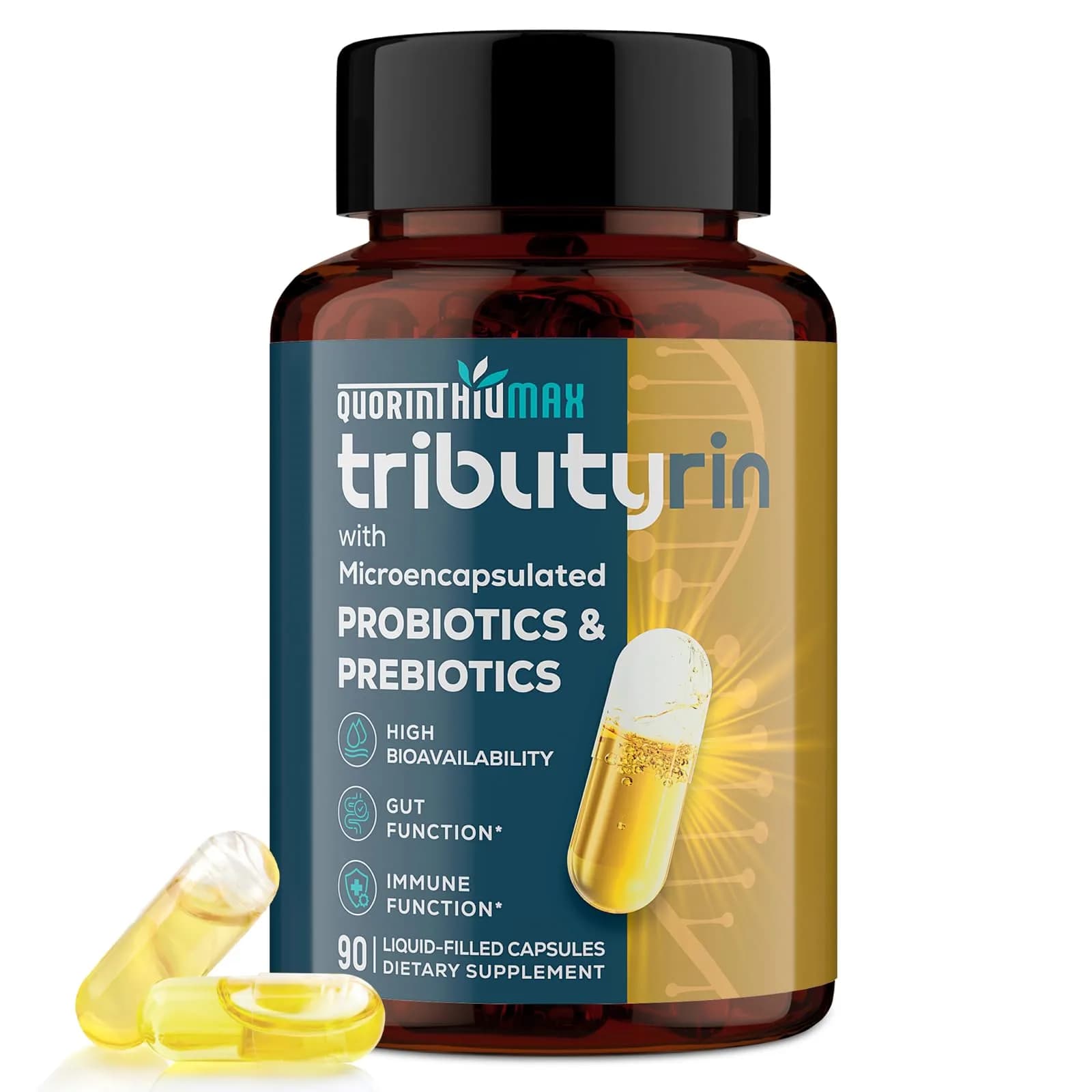 Quorinthiumax Tributyrin Supplement for Gut & Immune 800mg | High Bioavailability with Microencapsulated Probiotics & Prebiotics - 90 Capsules — Yellow