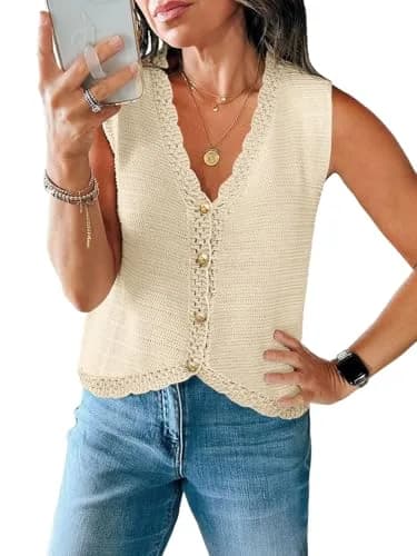 Saodimallsu Womens Crochet Tank Tops V-Neck Summer Sweater Vest | Knit Outfits thumbnail 1