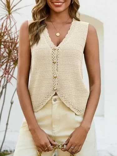 Saodimallsu Womens Crochet Tank Tops V-Neck Summer Sweater Vest | Knit Outfits thumbnail 3