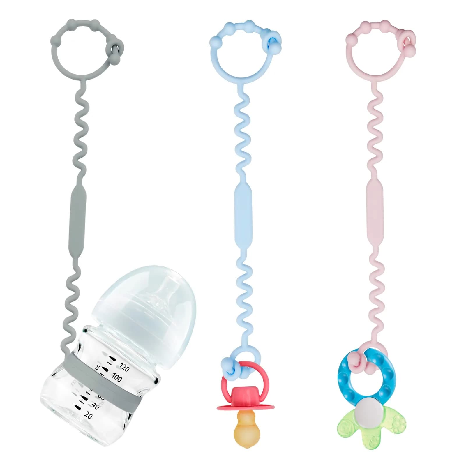 Yunaeduo Silicone Toy Straps for Baby, 5 Pack | Adjustable, BPA-Free, Heat-Resistant Toy Holder for Stroller, High Chair, Sippy Cups — Blue Grey Pink